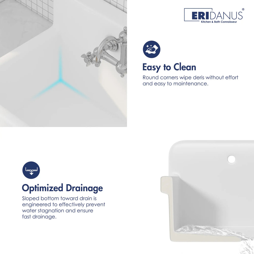 White vitreous china laundry sink with sloped bottom and round corners
