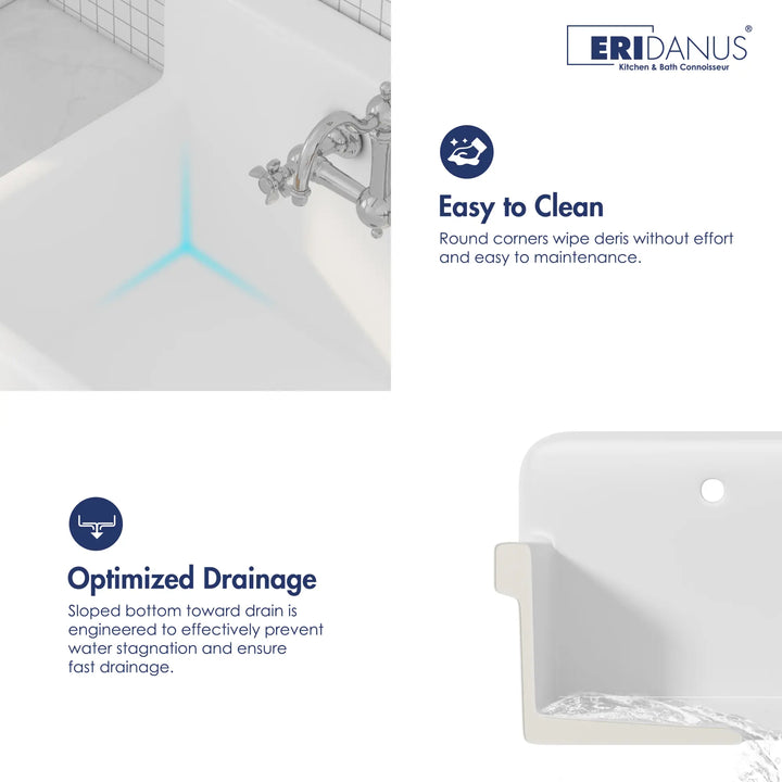 White vitreous china laundry sink with sloped bottom and round corners