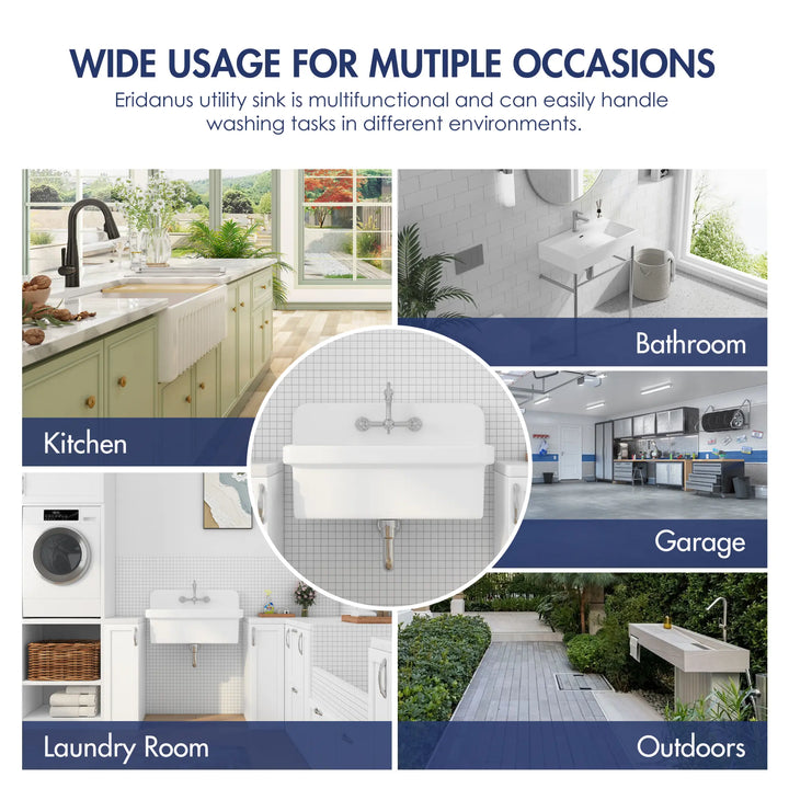 White high back utility sink for laundry, garage, and outdoor use