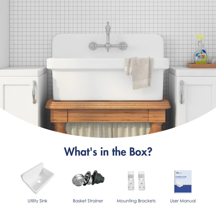White high back utility sink with basket strainer and wall brackets