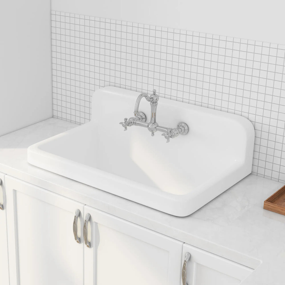 White high back vitreous china drop-in farmhouse sink