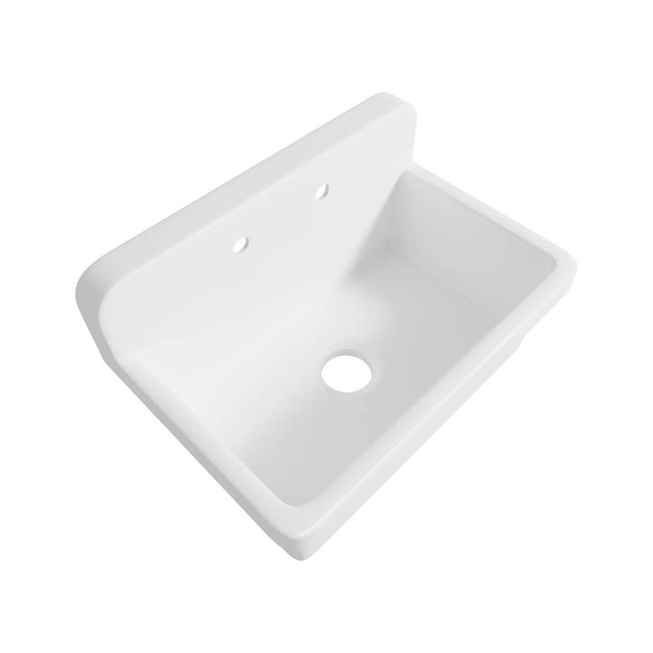 White vitreous china high back laundry utility sink angled view