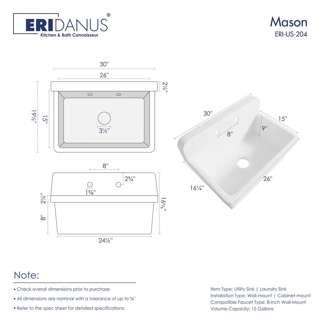 Eridanus Mason white high back laundry utility sink dimensions