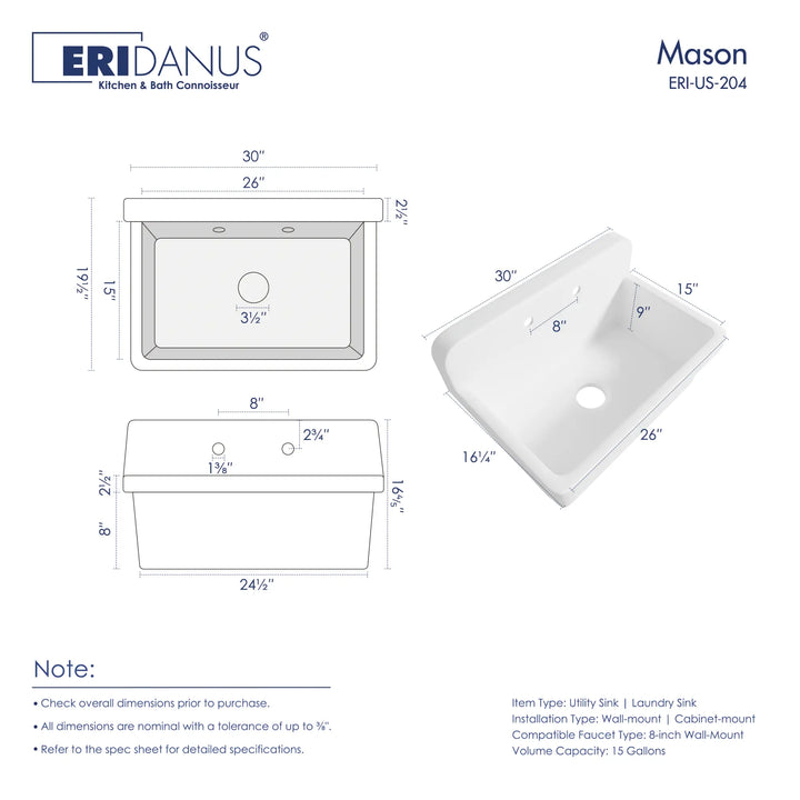Eridanus Mason white high back laundry utility sink dimensions