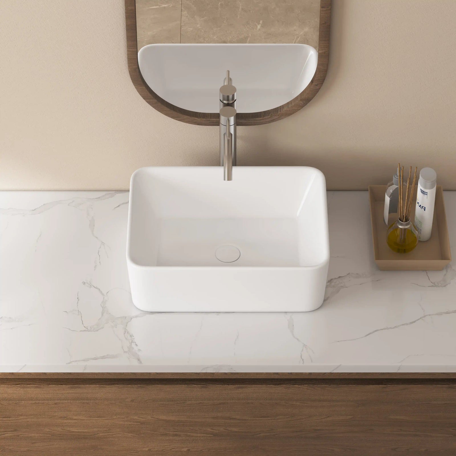 White Ceramic Rectangular Vessel Sink with Flowing Water