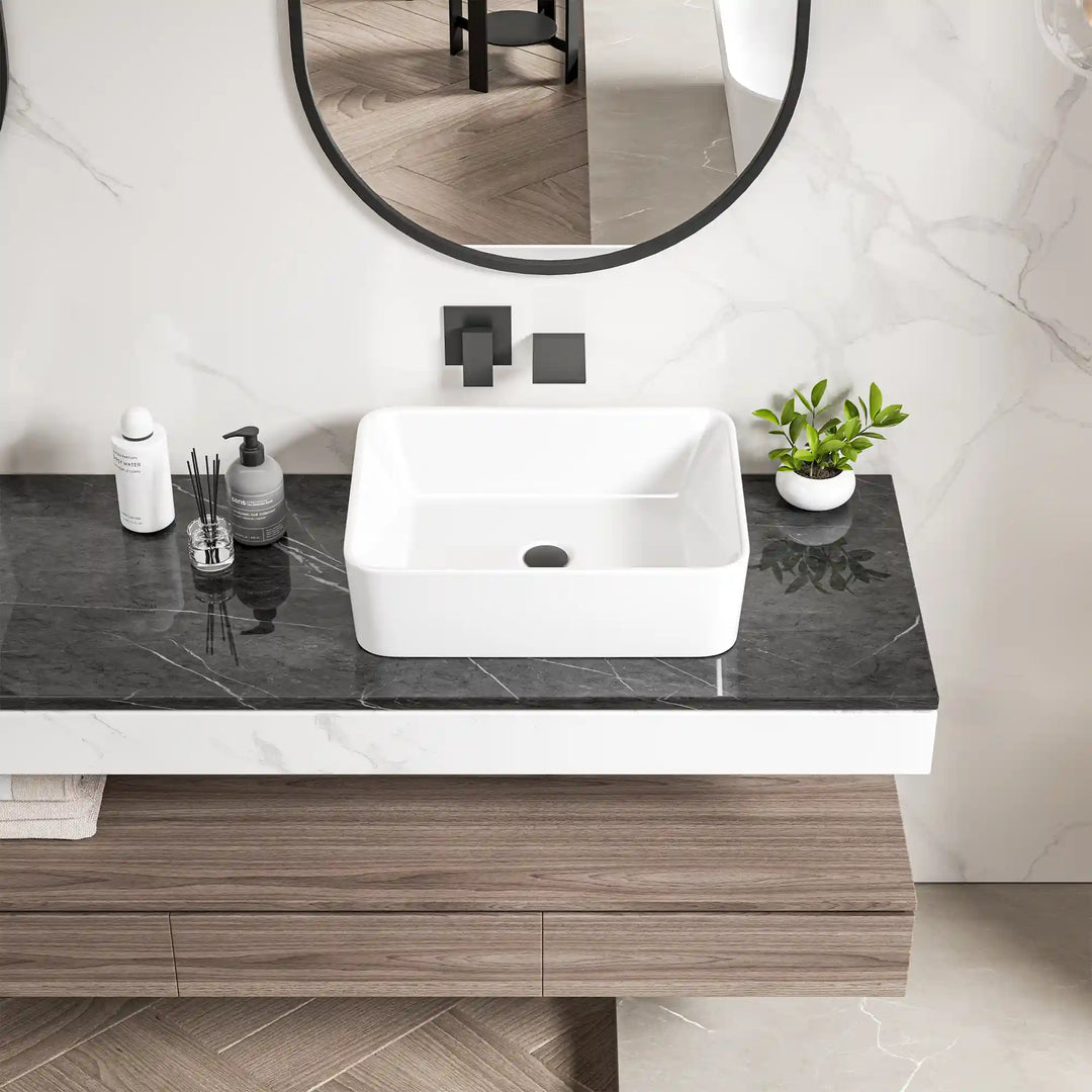 White square thick ceramic vessel sink with matte black wall tap set