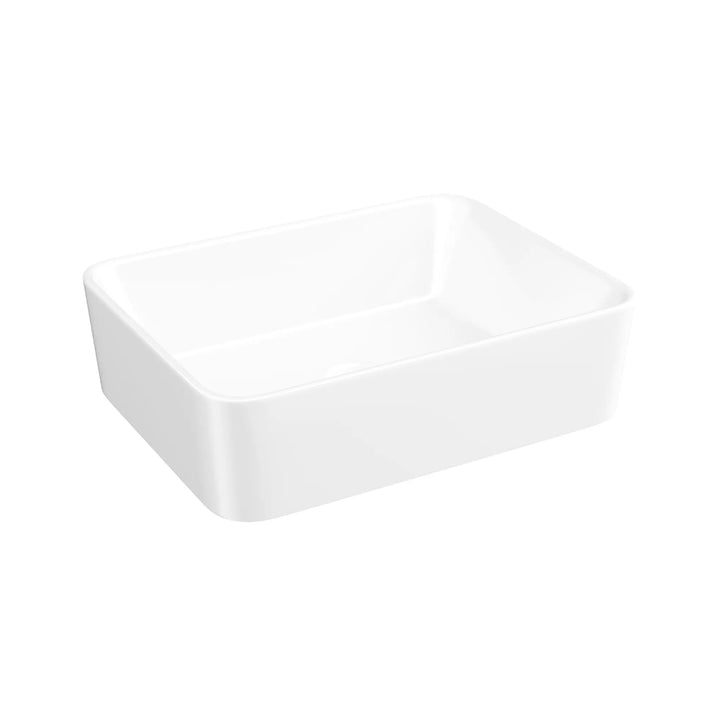 White rounded rectangular vitreous ceramic vessel sink plain white background