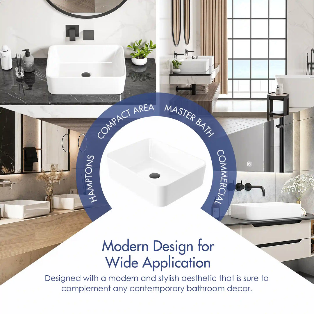 White rectangular ceramic vessel sink multi-scene application marketing graphic