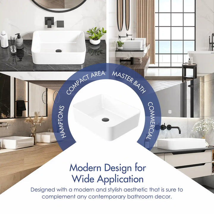 White rectangular ceramic vessel sink multi-scene application marketing graphic