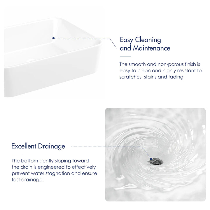 White ceramic vessel sink smooth glaze fast drainage feature infographic