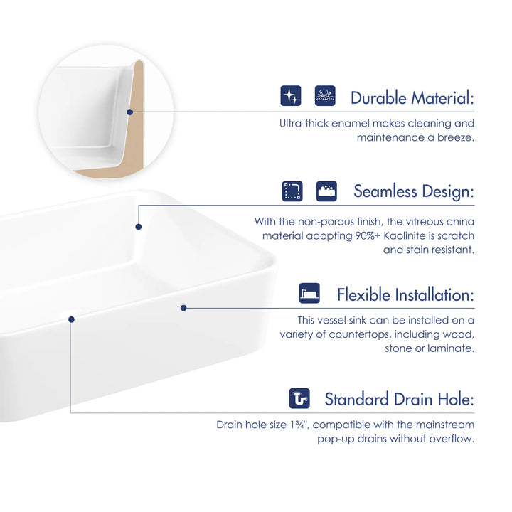 White vitreous china vessel sink feature cross-section diagram