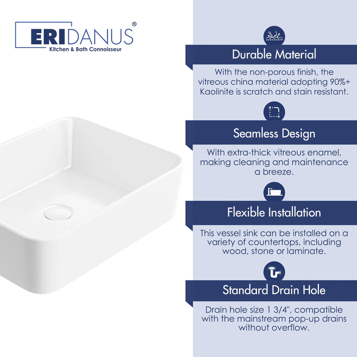 White vitreous china vessel sink 4 core selling points feature chart