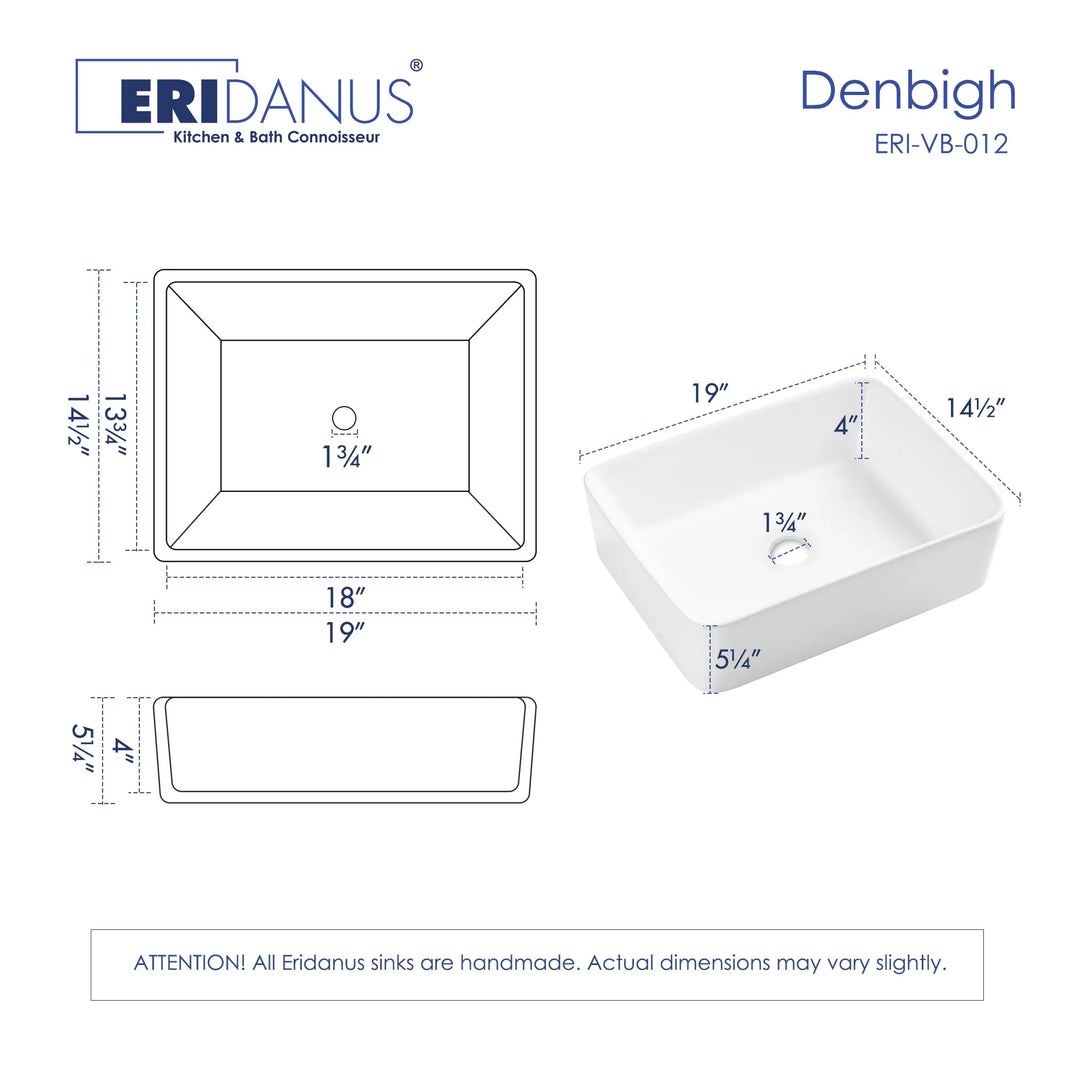 White rectangular ceramic vessel sink dimension specification drawing