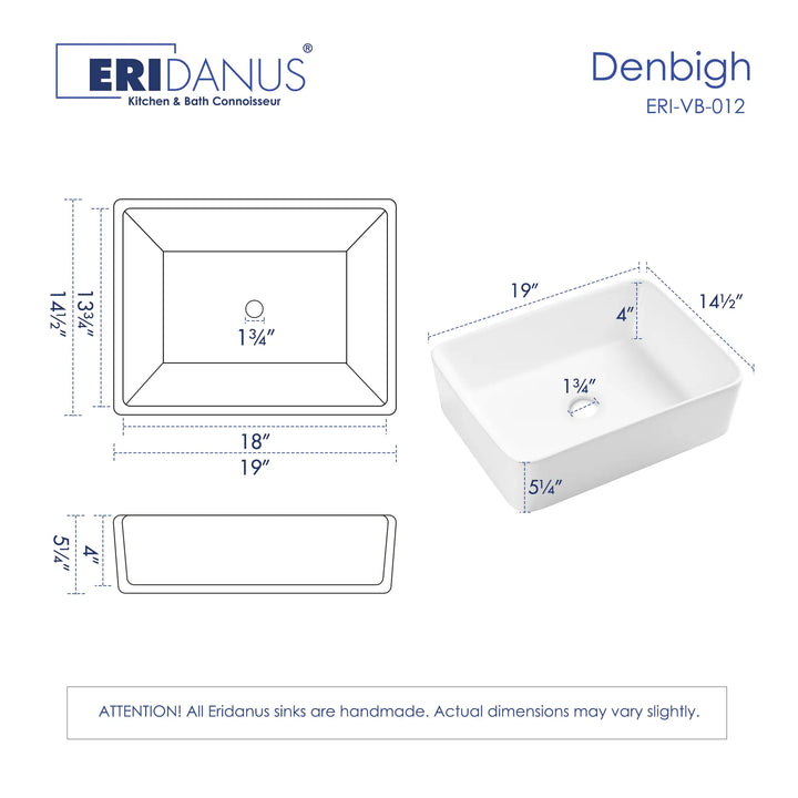 White rectangular ceramic vessel sink dimension specification drawing