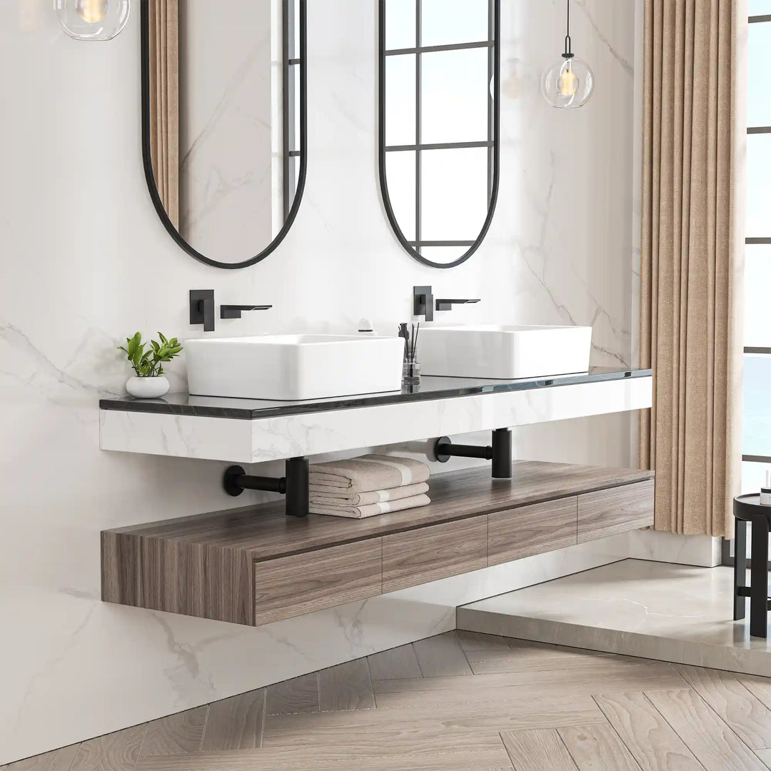Floating double sink bathroom vanity with wood cabinet and ceramic vessel basins