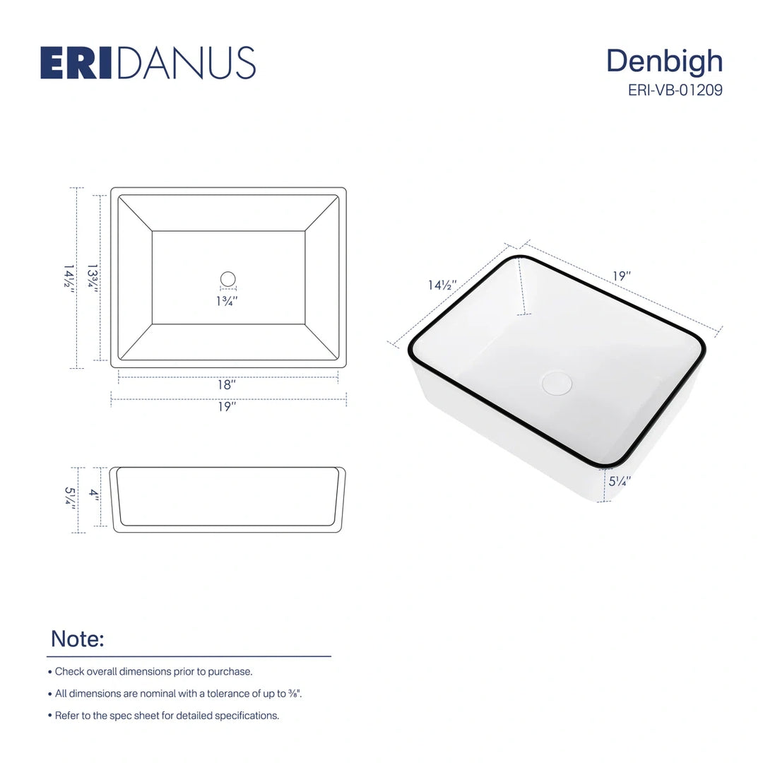 Dimensions of 19 inch Denbigh white vessel sink with black rim.