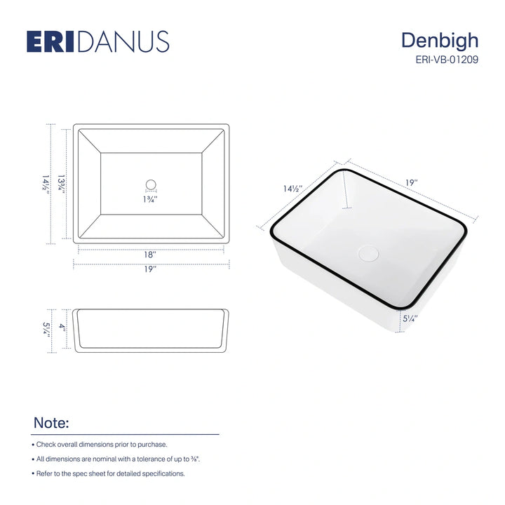 Dimensions of 19 inch Denbigh white vessel sink with black rim.