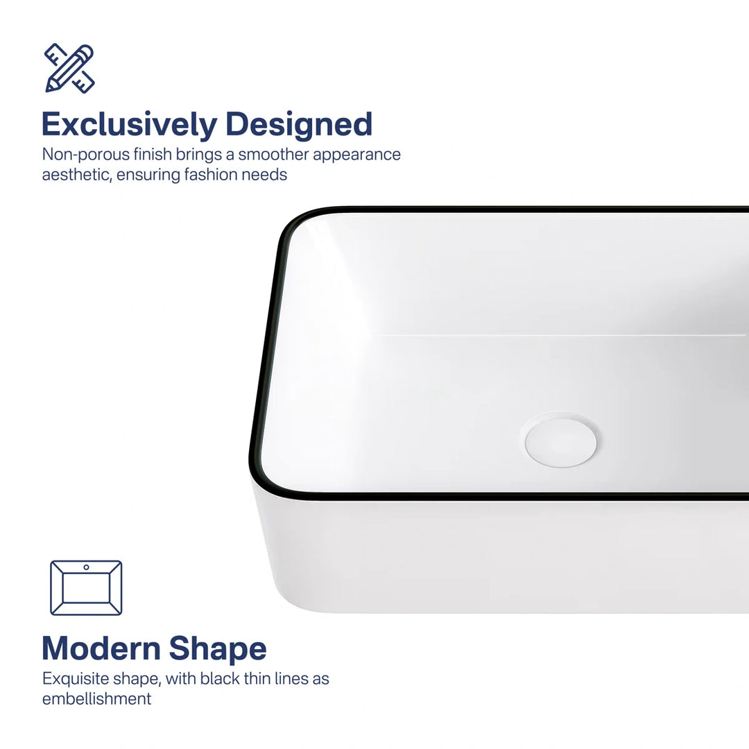 Modern white vessel sink with black thin rim and non-porous finish.