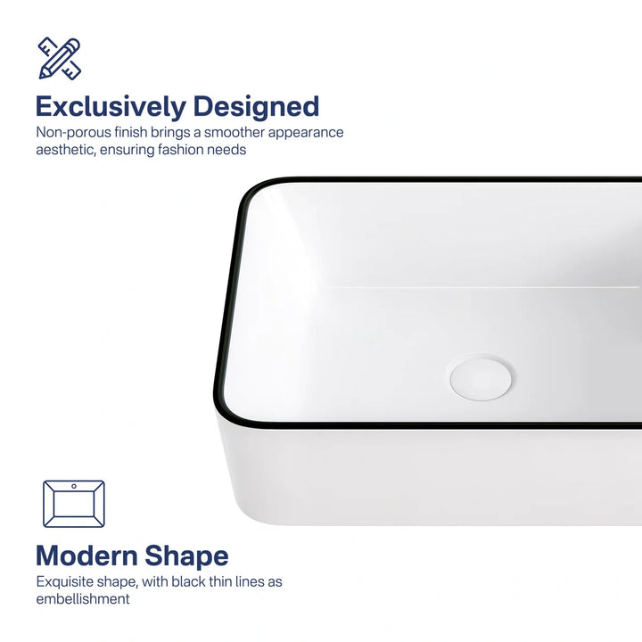 Modern white vessel sink with black thin rim and non-porous finish.