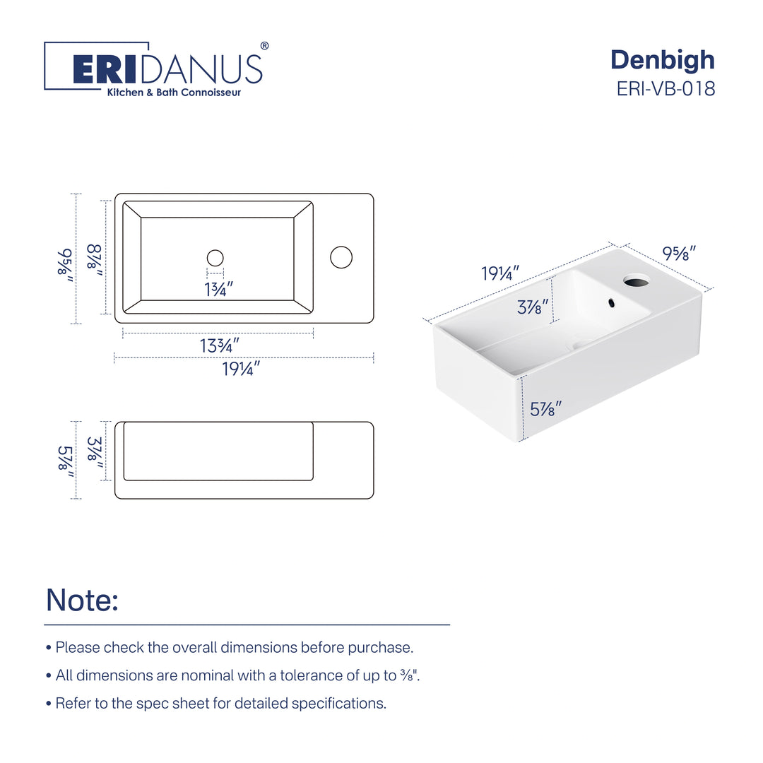 Denbigh 19.5" W x 10" D Vitreous China Rectangular Vessel Bathroom Sink with Faucet Hole