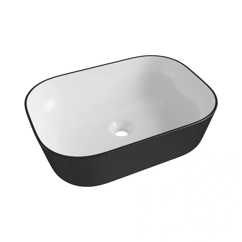 Matte black exterior glossy white interior rounded rectangular ceramic vessel sink