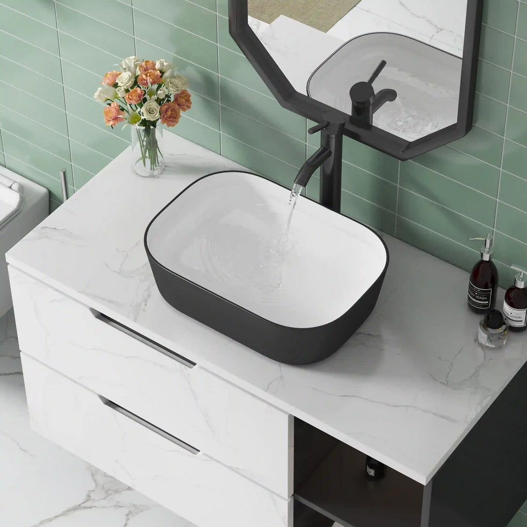 Matte black outer white inner rounded rectangle ceramic countertop vessel sink