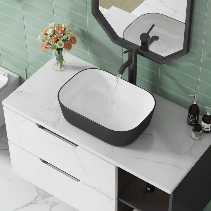 Matte black outer white inner rounded rectangle ceramic countertop vessel sink