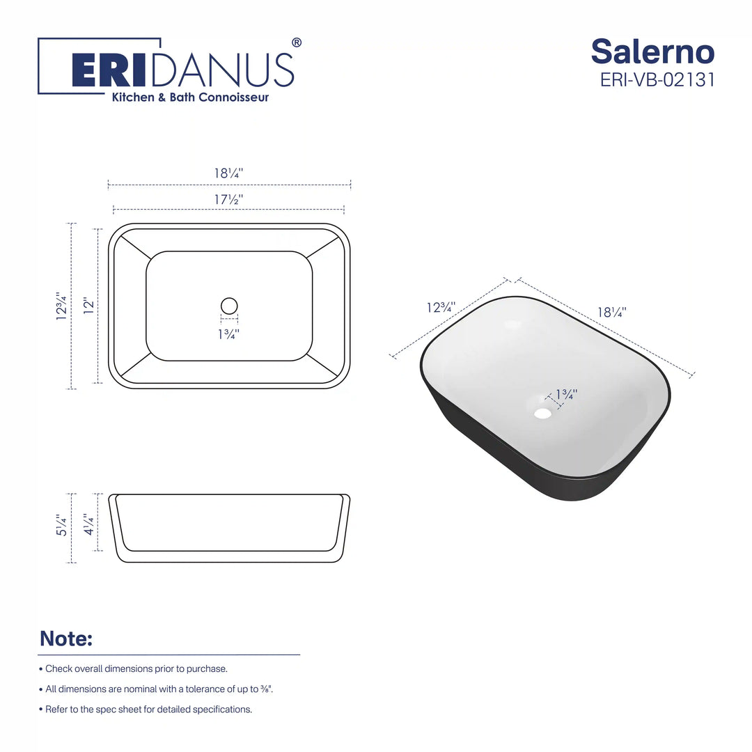 Matte black rounded rectangle ceramic vessel sink with full dimension schematic drawing