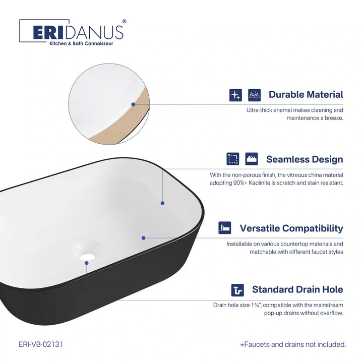 Matte black rounded rectangle vitreous china vessel sink, thick enamel with standard drain hole