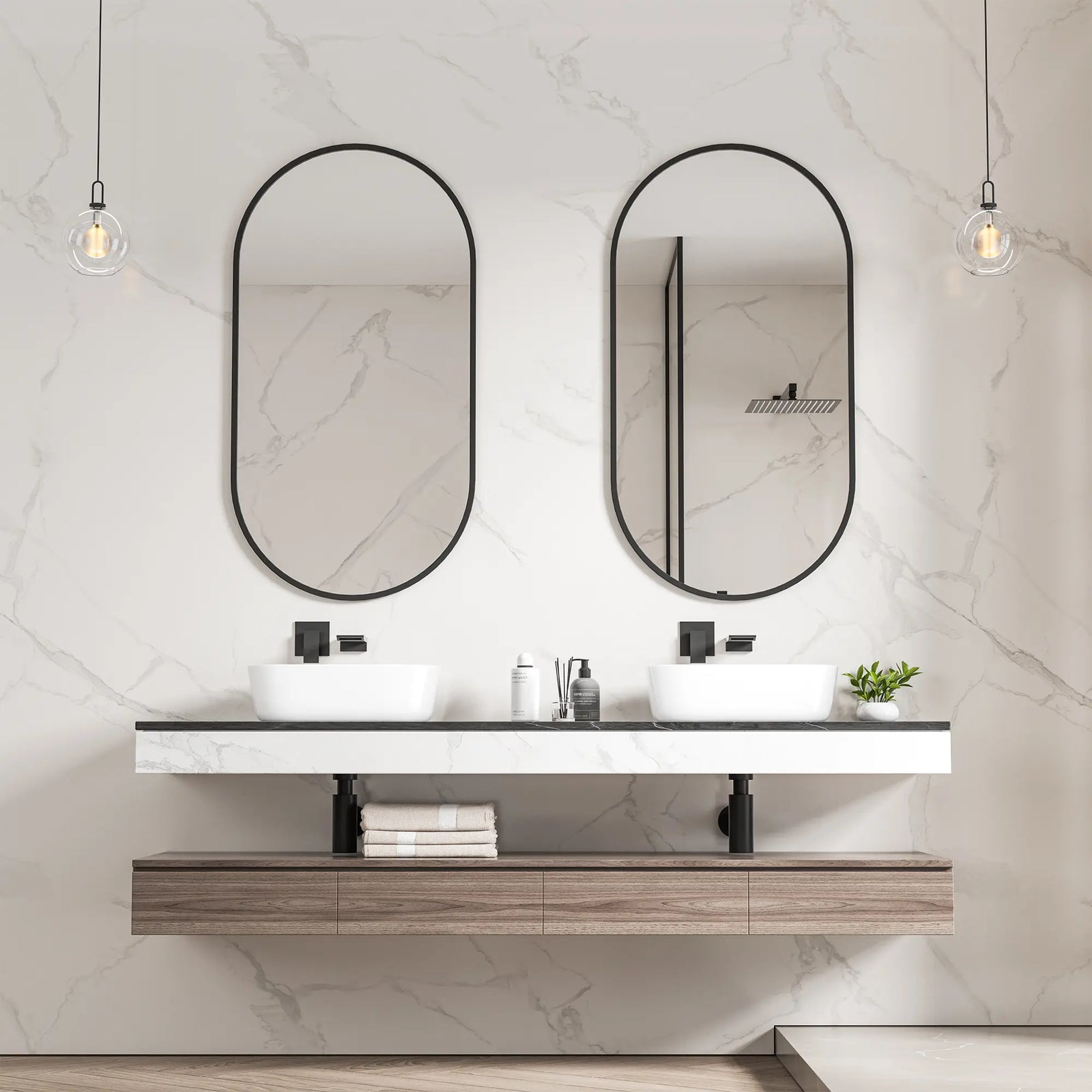 Modern white ceramic rounded square vessel sink on marble countertop.#color_white