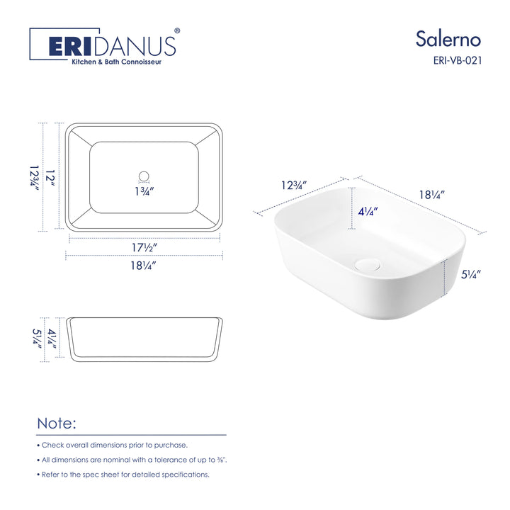 Salerno 18" Rectangular Vessel Vitreous China Bathroom Sink with Multiple Colors