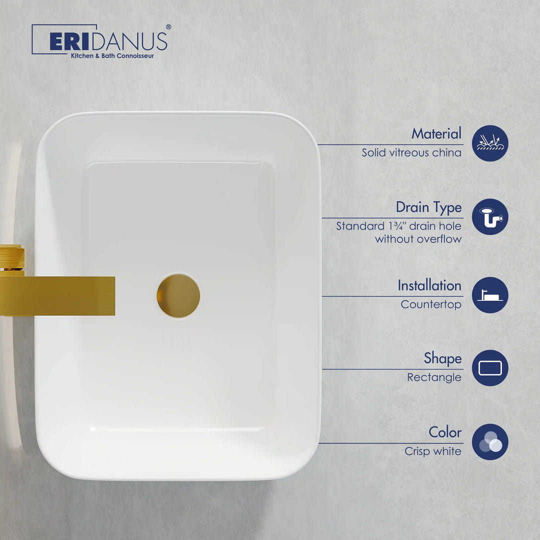 Crisp white rectangular vitreous china vessel sink feature diagram with product specs