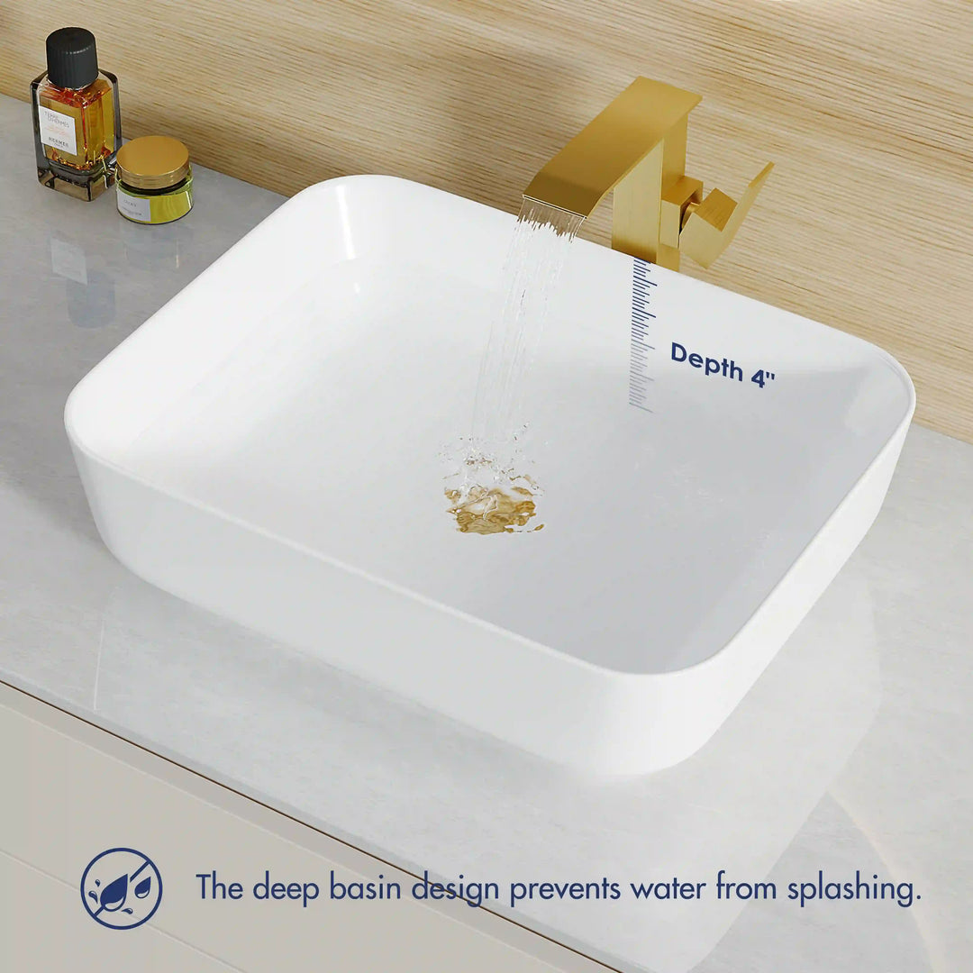 White rounded square ceramic vessel sink with 4-inch deep anti-splash basin and gold wall faucet