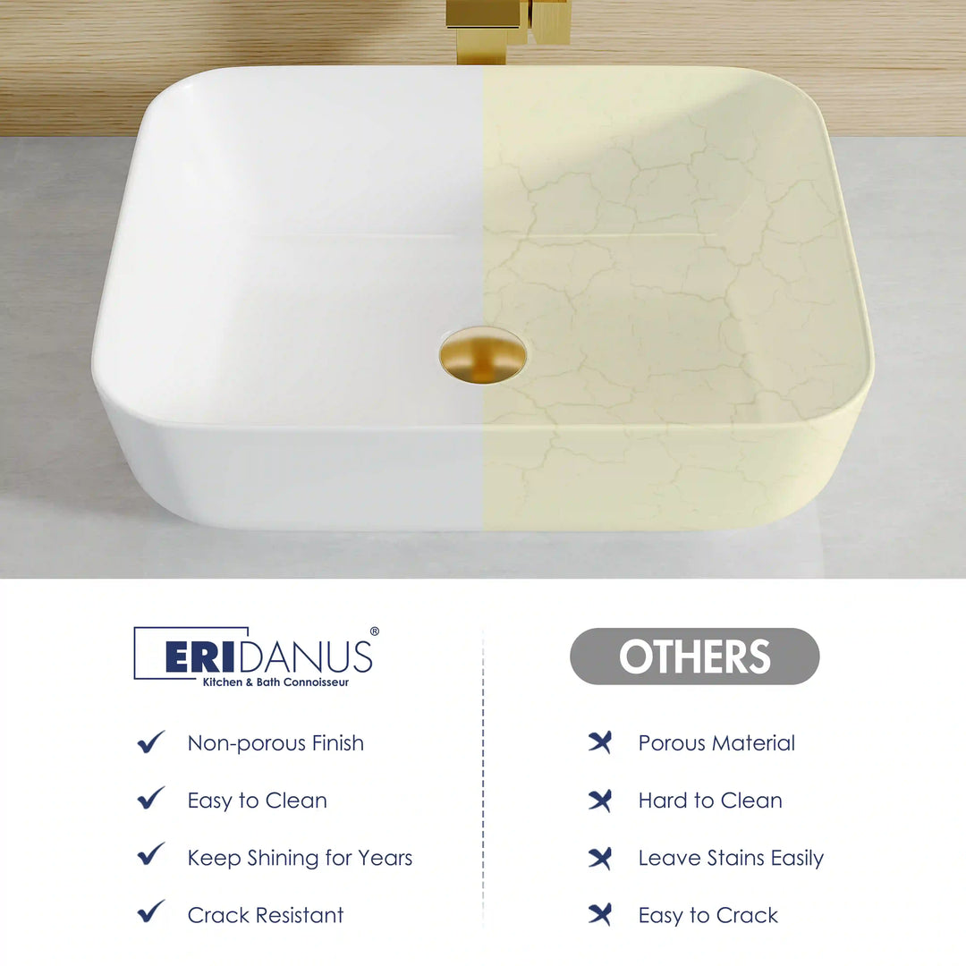 White rounded square ceramic vessel sink material comparison graphic showing non-porous stain-resistant surface
