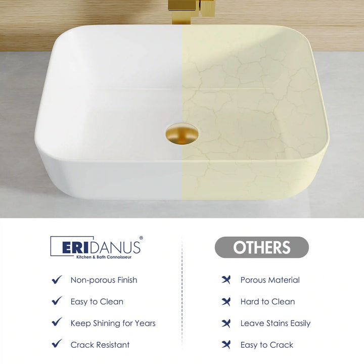 White rounded square ceramic vessel sink material comparison graphic showing non-porous stain-resistant surface
