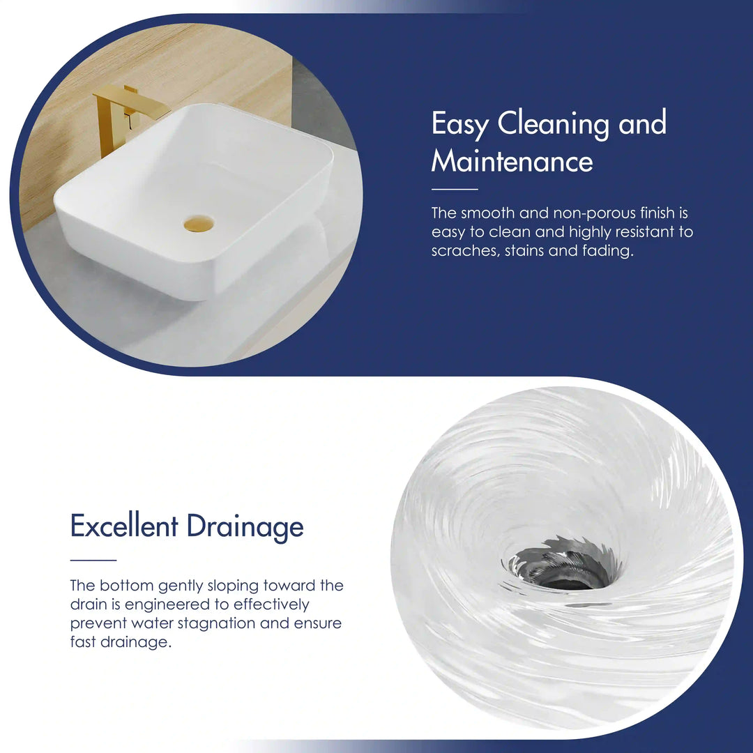 White ceramic vessel sink promotional graphic highlighting stain-resistant glaze and fast drainage design