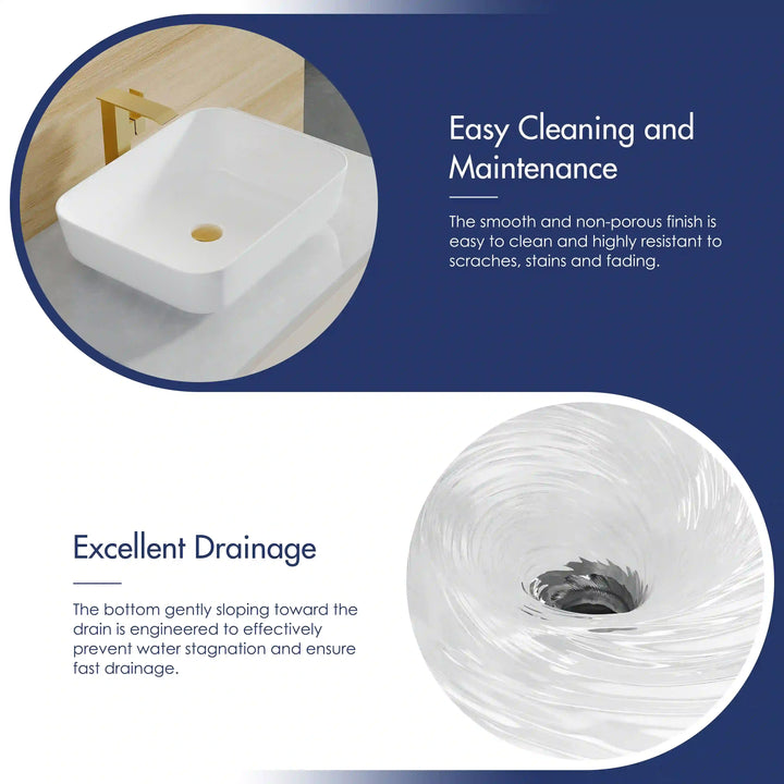 White ceramic vessel sink promotional graphic highlighting stain-resistant glaze and fast drainage design