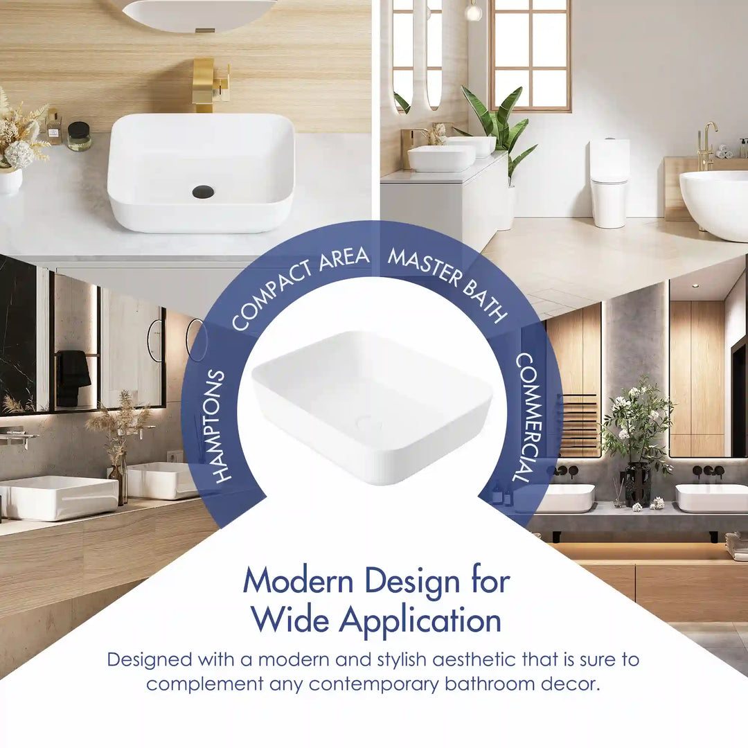 White rounded square ceramic vessel sink multi-scene application promotional graphic