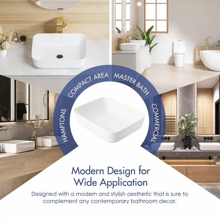 White rounded square ceramic vessel sink multi-scene application promotional graphic