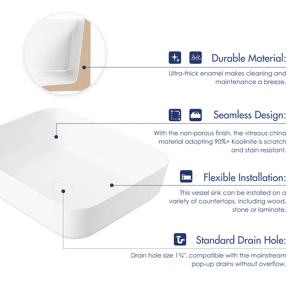 White rounded square ceramic vessel sink feature diagram with material and installation specs