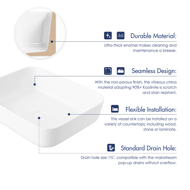 White rounded square ceramic vessel sink feature diagram with material and installation specs
