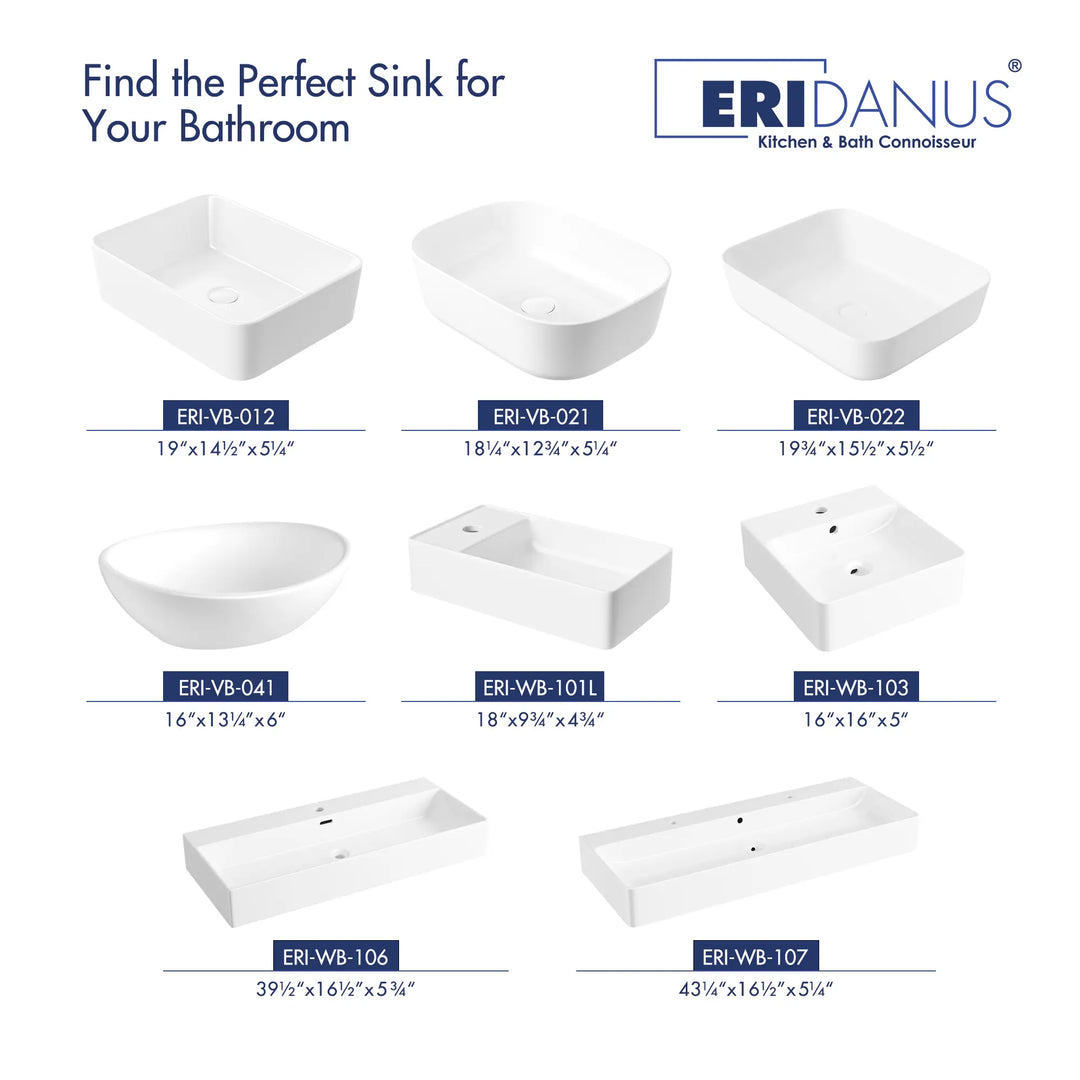 Collection of white ceramic bathroom vessel sinks with model codes and dimension specifications