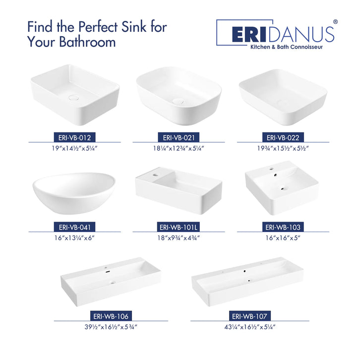 Collection of white ceramic bathroom vessel sinks with model codes and dimension specifications