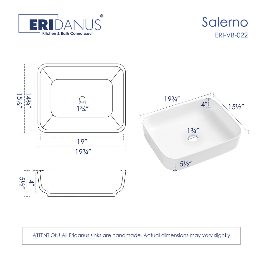 White rounded rectangular ceramic vessel sink dimensional drawing with size specs and product render