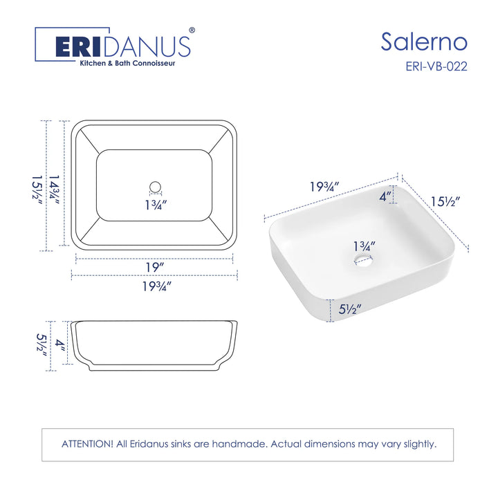 White rounded rectangular ceramic vessel sink dimensional drawing with size specs and product render