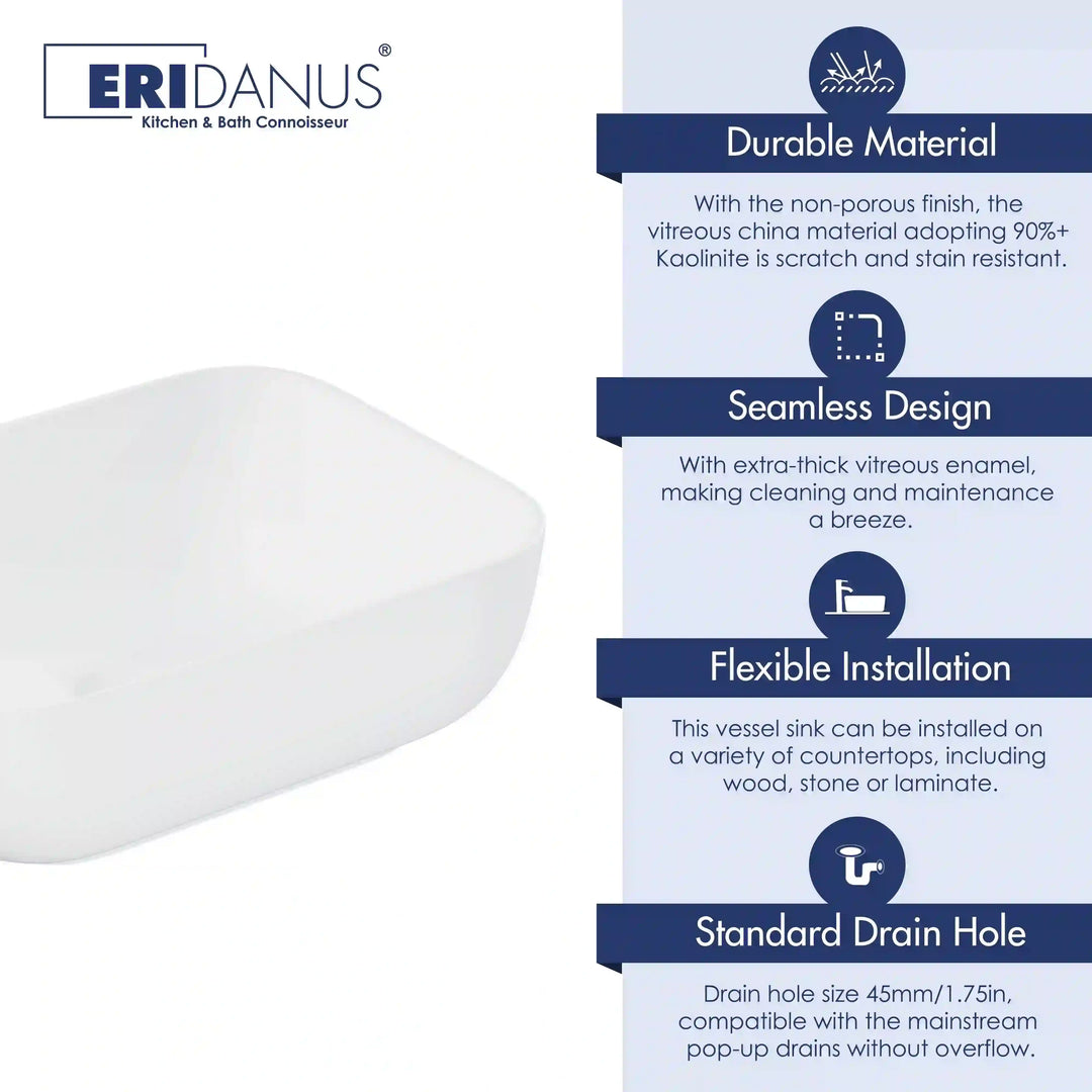 White vitreous china rounded rectangle vessel sink feature infographic with four core advantages