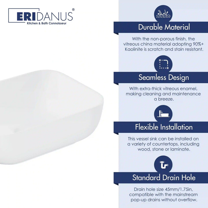 White vitreous china rounded rectangle vessel sink feature infographic with four core advantages