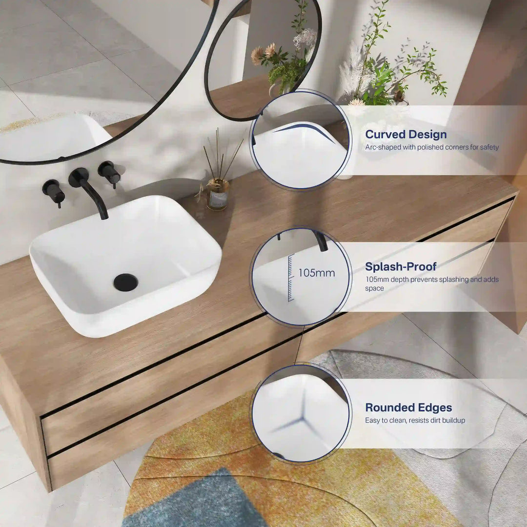 White rounded rectangle ceramic vessel sink infographic showing curved shape, 105mm deep basin, smooth rounded edges