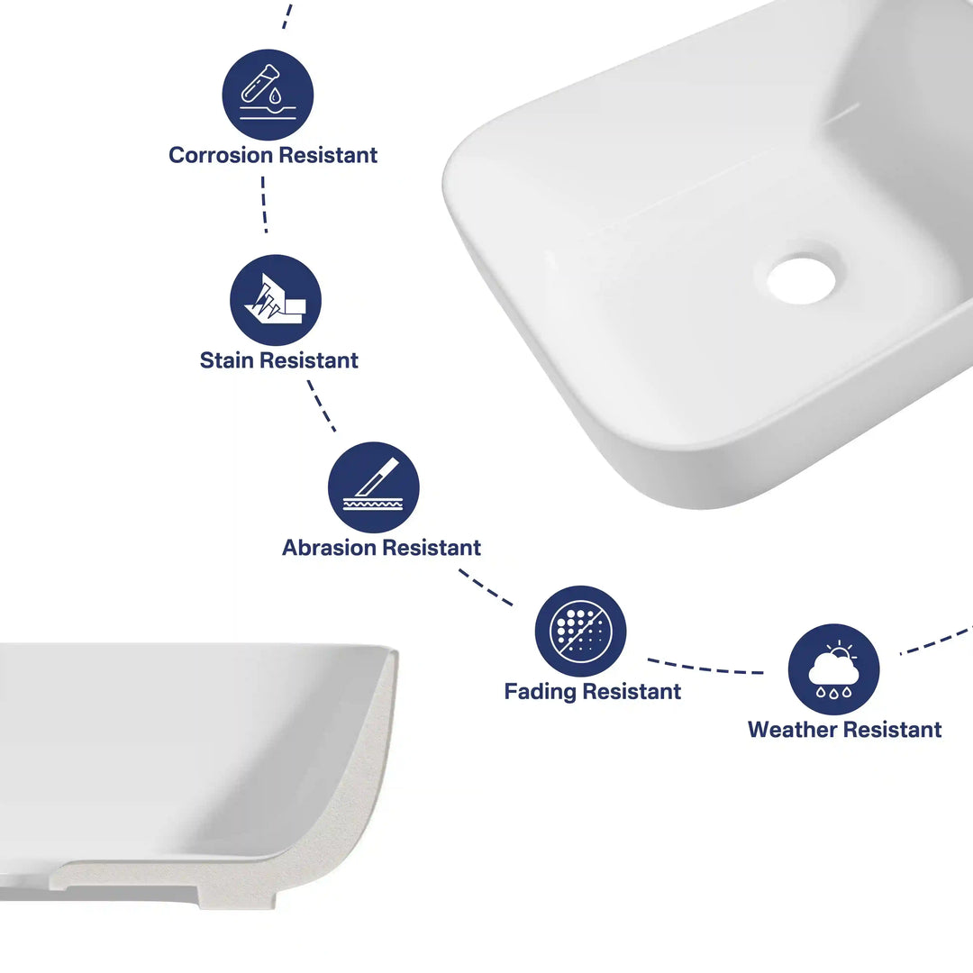 White ceramic vessel sink detail infographic showing corrosion, stain, abrasion, fading and weather resistant performance