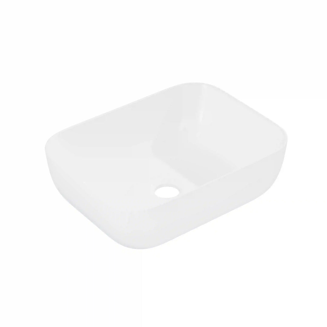 White rectangular rounded solid surface vessel sink, countertop bathroom wash basin